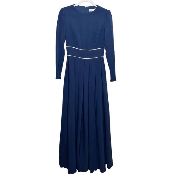 NWT Mac Duggal Size 4 Navy Empire Waist Long Sleeve Pleated Gown - Picture 2 of 10